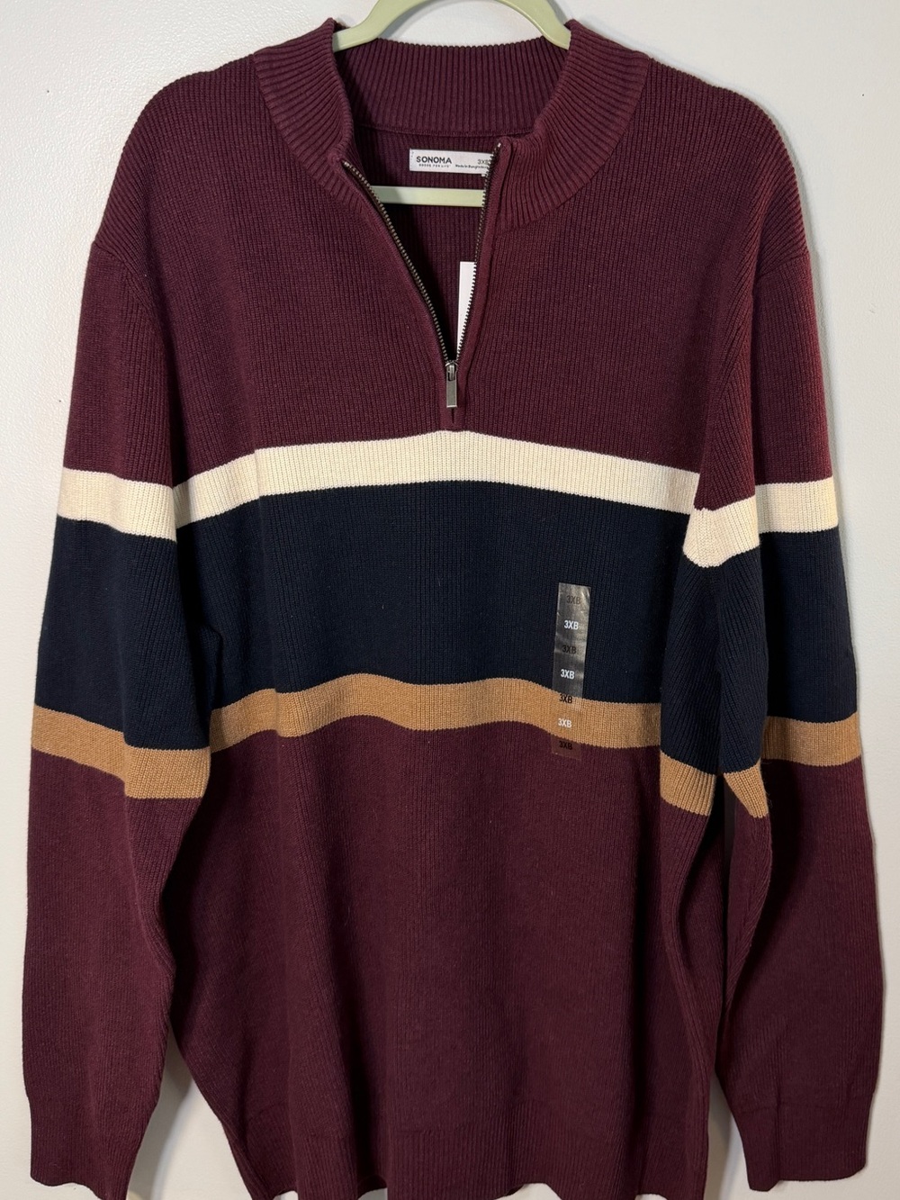 Sonoma NWT men’s 3XB big & tall burgundy navy rugby striped sweater 3XL 1/4 zip